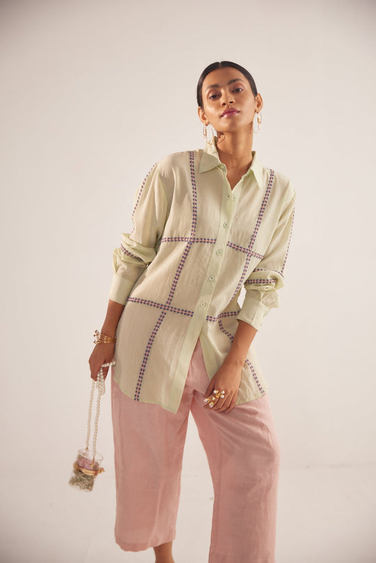 Green Line Embroidered Oversized Shirt - Western Era Tops for women