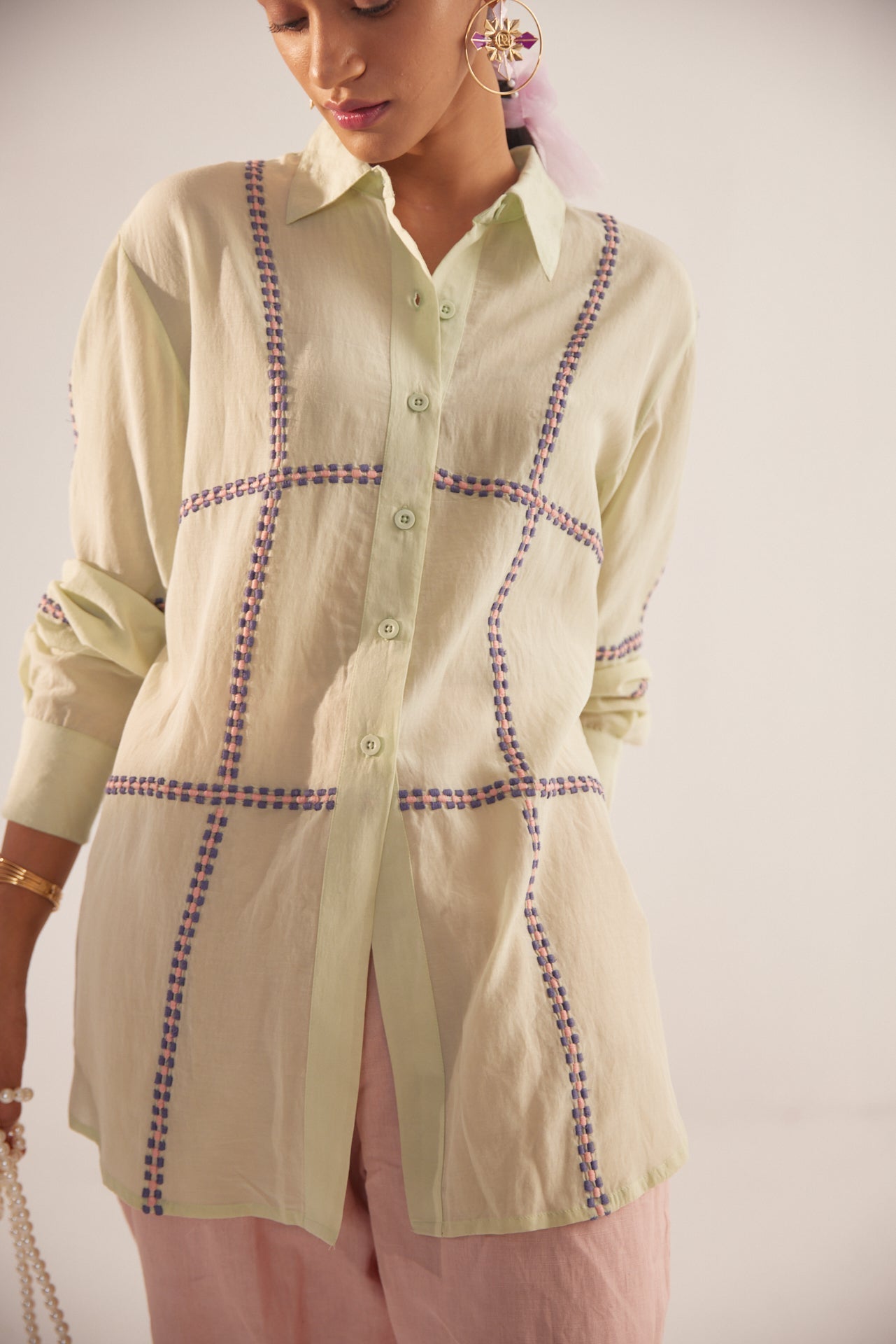 Green Line Embroidered Oversized Shirt - Western Era Tops for women
