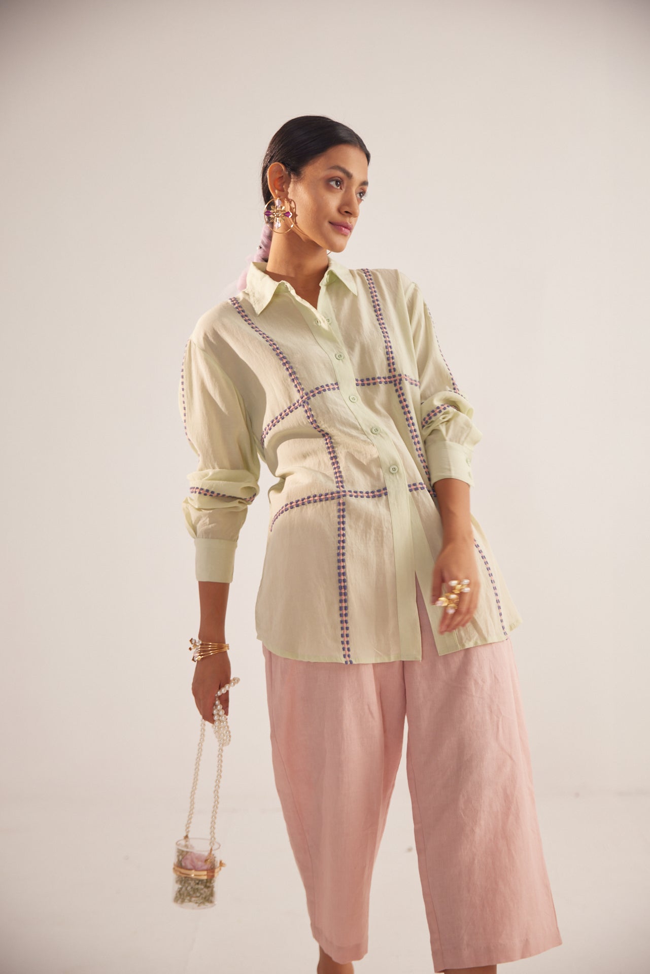 Green Line Embroidered Oversized Shirt - Western Era Tops for women