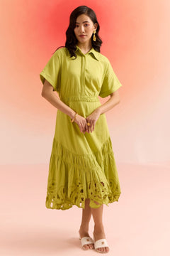 Green Long Dress with Leaves Cutwork Embroidery on Bottom - Western Era Dresses for women