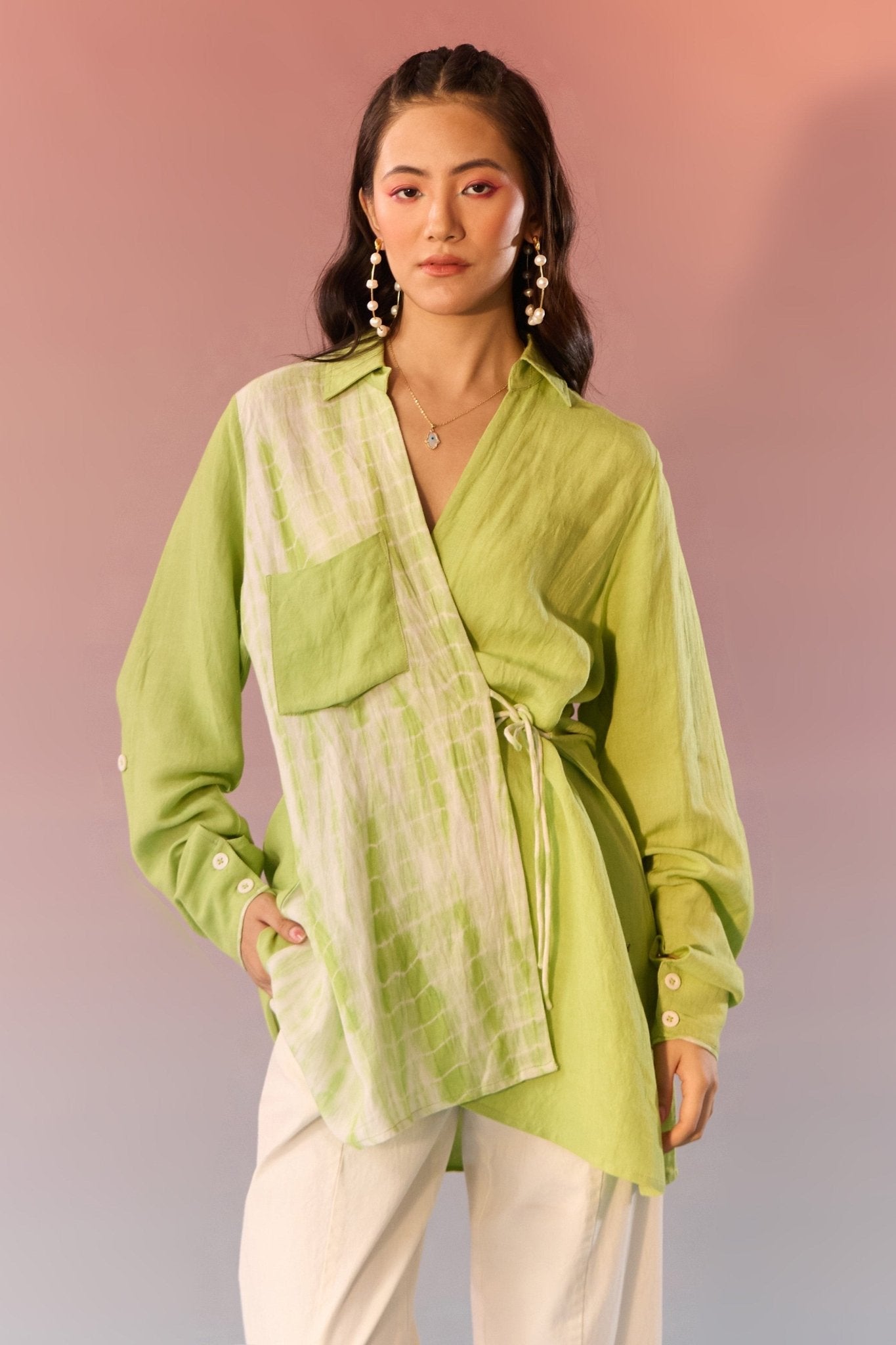 Green Tie Dye Angrakha Wrap Shirt - Western Era Tops for women