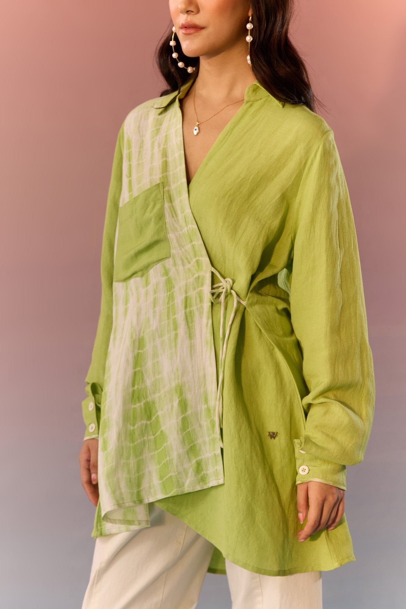 Green Tie Dye Angrakha Wrap Shirt - Western Era Tops for women