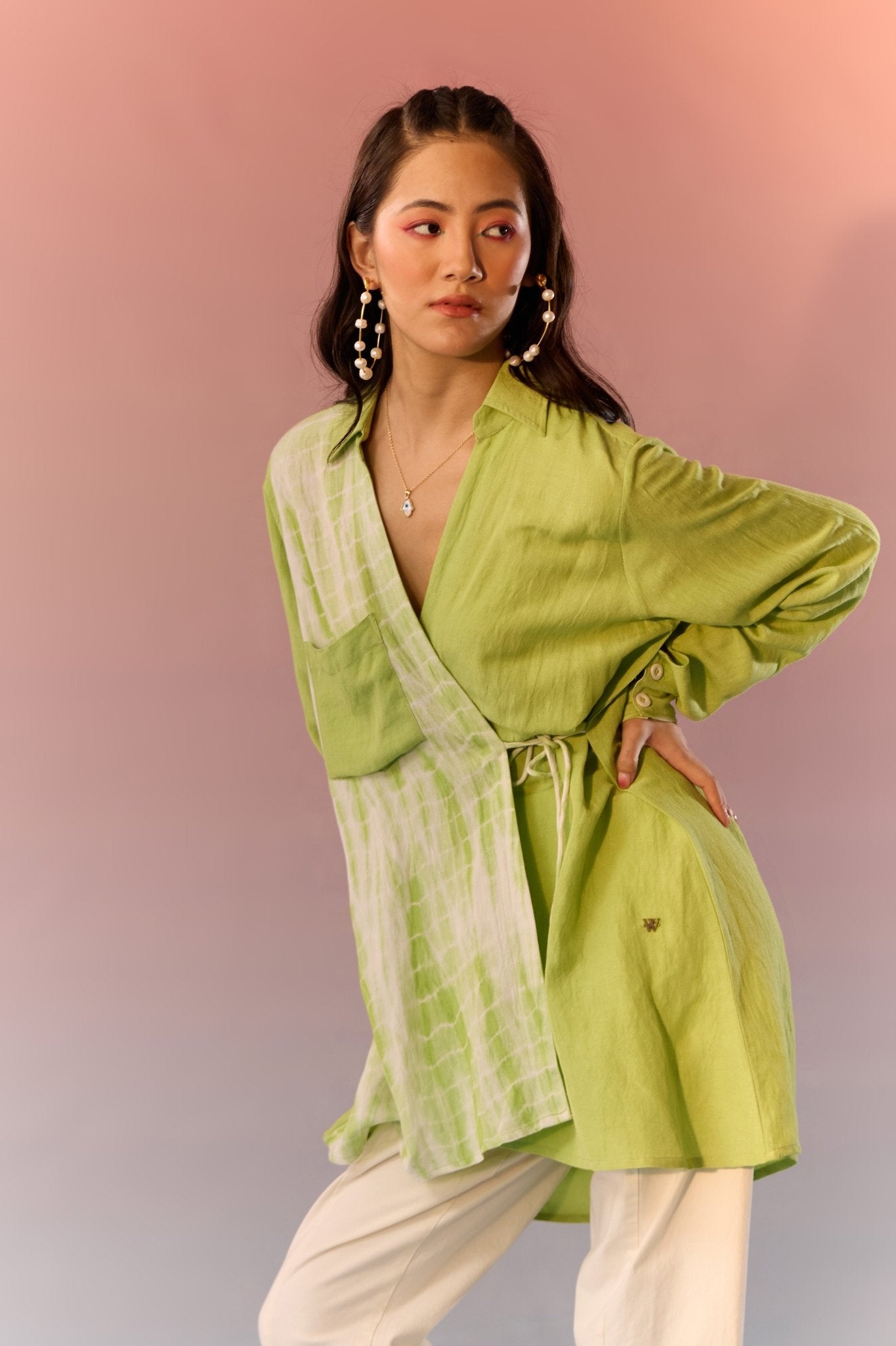 Green Tie Dye Angrakha Wrap Shirt - Western Era Tops for women