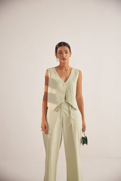 Green V - Neck with One Side Cross Pin Tuck Cotton Vest Top - Western Era Tops for women