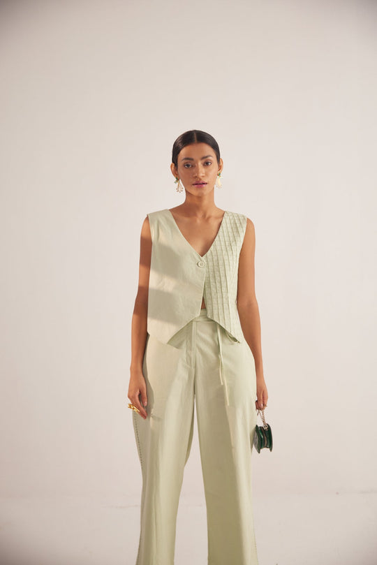 Green V - Neck with One Side Cross Pin Tuck Cotton Vest Top - Western Era Tops for women