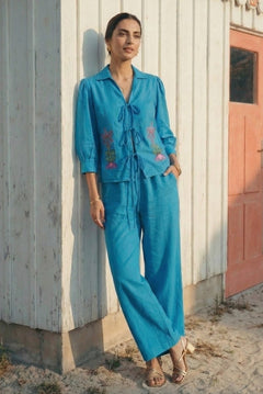 Handline Knotted Top with Kasuti Embroidery And Gathered Sleeve Co - ord Set - Western Era Co - ord set for women