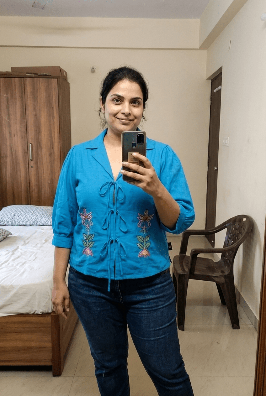 Handline Knotted Top with Kasuti Embroidery And Gathered Sleeve - Western Era Tops for women