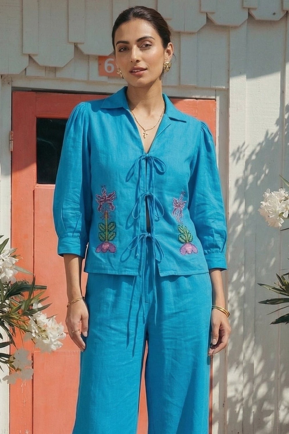 Handline Knotted Top with Kasuti Embroidery And Gathered Sleeve - Western Era Tops for women