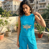 Dragonfly Embroidered Top with Side Button Styling Co-ord Set