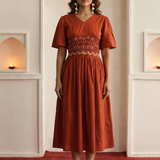 Rust Cotton Satin Mirror Embroidery Dress with Gathered Sleeves