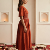 Rust Cotton Satin Mirror Embroidery Dress with Gathered Sleeves