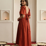 Rust Cotton Satin Mirror Embroidery Dress with Gathered Sleeves