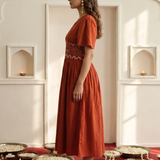 Rust Cotton Satin Mirror Embroidery Dress with Gathered Sleeves