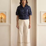 Indigo (Navy Blue) Mirror Embroided Short Top Jacket with Wide Lag Rich Bottom Lace Off White Pant Co-Ord Set