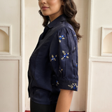 Navy Lurex Short Jacket Style Collared Top with Sleeves Embroidery