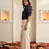 Indigo (Navy Blue) Mirror Embroided Short Top Jacket with Wide Lag Rich Bottom Lace Off White Pant Co-Ord Set