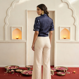 Navy Lurex Short Jacket Style Collared Top with Sleeves Embroidery