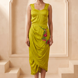 Sculpted Corset & Floral Embroidery Draped Midi Dress
