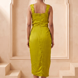 Sculpted Corset & Floral Embroidery Draped Midi Dress