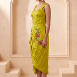Sculpted Corset & Floral Embroidery Draped Midi Dress