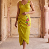 Sculpted Corset & Floral Embroidery Draped Midi Dress