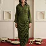 Olive Green Draped Dress with Mirror Embroidery And V-Nack Collar dress