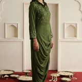 Olive Green Draped Dress with Mirror Embroidery And V-Nack Collar dress