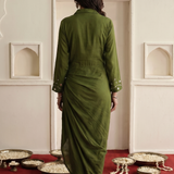 Olive Green Draped Dress with Mirror Embroidery And V-Nack Collar dress