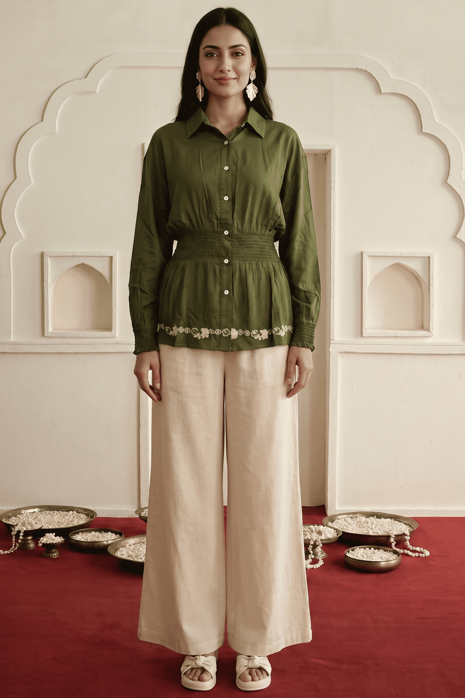 Olive Green Mirror Embroidered Smocked Shirt and Beige Relaxed-Fit Trouser Co-ord Set - Western Era Co-ord set for women