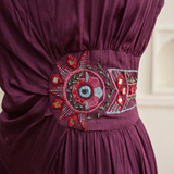 Women's Solid Wine Purple with Waist Embellishment Maxi Dress