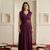 Women's Solid Wine Purple with Waist Embellishment Maxi Dress