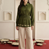 Olive green Traditional Mirror Embroidered Top and Bottom Relax Fit Co-Ord Set