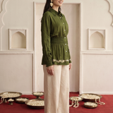 Olive green Traditional Mirror Embroidered Top and Bottom Relax Fit Co-Ord Set