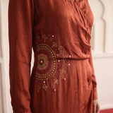 Mandala Inspired Embroidered Side Wrap Gathered and Collar Nack Dress