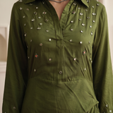 Olive Green Draped Dress with Mirror Embroidery And V-Nack Collar dress