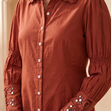 Rust Embellished Statement Adjustable Sleeves Shirt with Mirror Embroidery Detail
