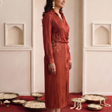 Mandala Inspired Embroidered Side Wrap Gathered and Collar Nack Dress