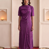 Women's Purple Front Button with Mirror embellishment Midi Dress