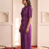 Women's Purple Front Button with Mirror embellishment Midi Dress