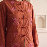 Rust Toned Festive Floral Embroidery Jacket with Loop Closer Details