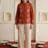 Women's Rust Big Flower Embroidered Top and Off-White Stat Fit Pant Co-ord Set