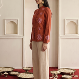 Women's Rust Big Flower Embroidered Top and Off-White Stat Fit Pant Co-ord Set