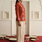 Rust Toned Festive Floral Embroidery Jacket with Loop Closer Details