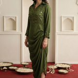 Olive Green Draped Dress with Mirror Embroidery And V-Nack Collar dress