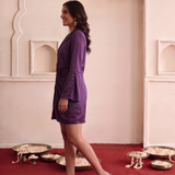 Women's purple Draped Front Detailing with Stylish Zipper, Bell Sleeve and Collar Nack Long Jacket Dress