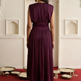 Women's Solid Wine Purple with Waist Embellishment Maxi Dress