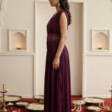 Women's Solid Wine Purple with Waist Embellishment Maxi Dress