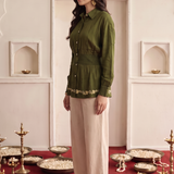 Sculpted Smocked Waist Shirt Top with Bottom Embroidery Details