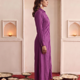 Women's Purple Front Button with Mirror embellishment Midi Dress