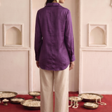 Kaftan Women's Wine Embroidered High Low Shirt with Off White Stat Fit Pant Co Ord Set